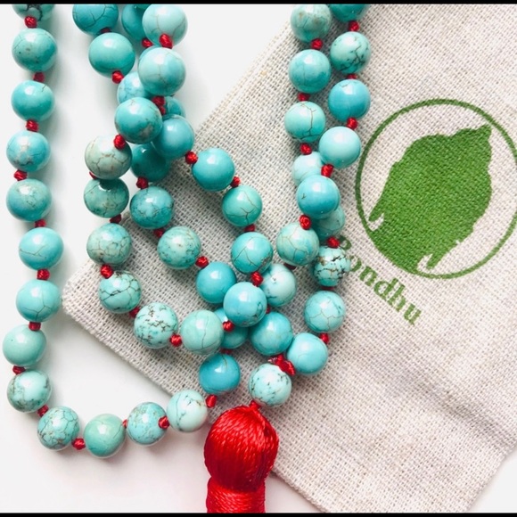 Turquoise Mala Bead Necklace with Red Tassel - Picture 2 of 4